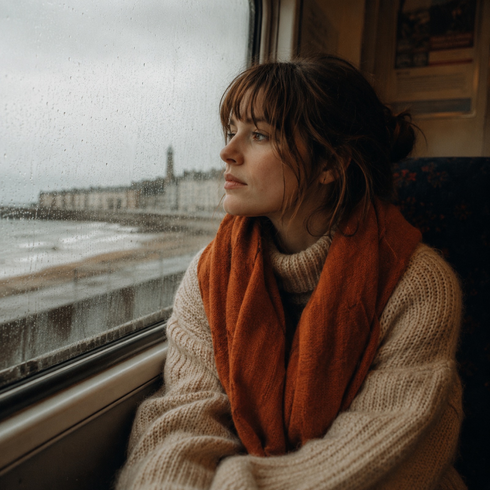 June Halliday by a train window