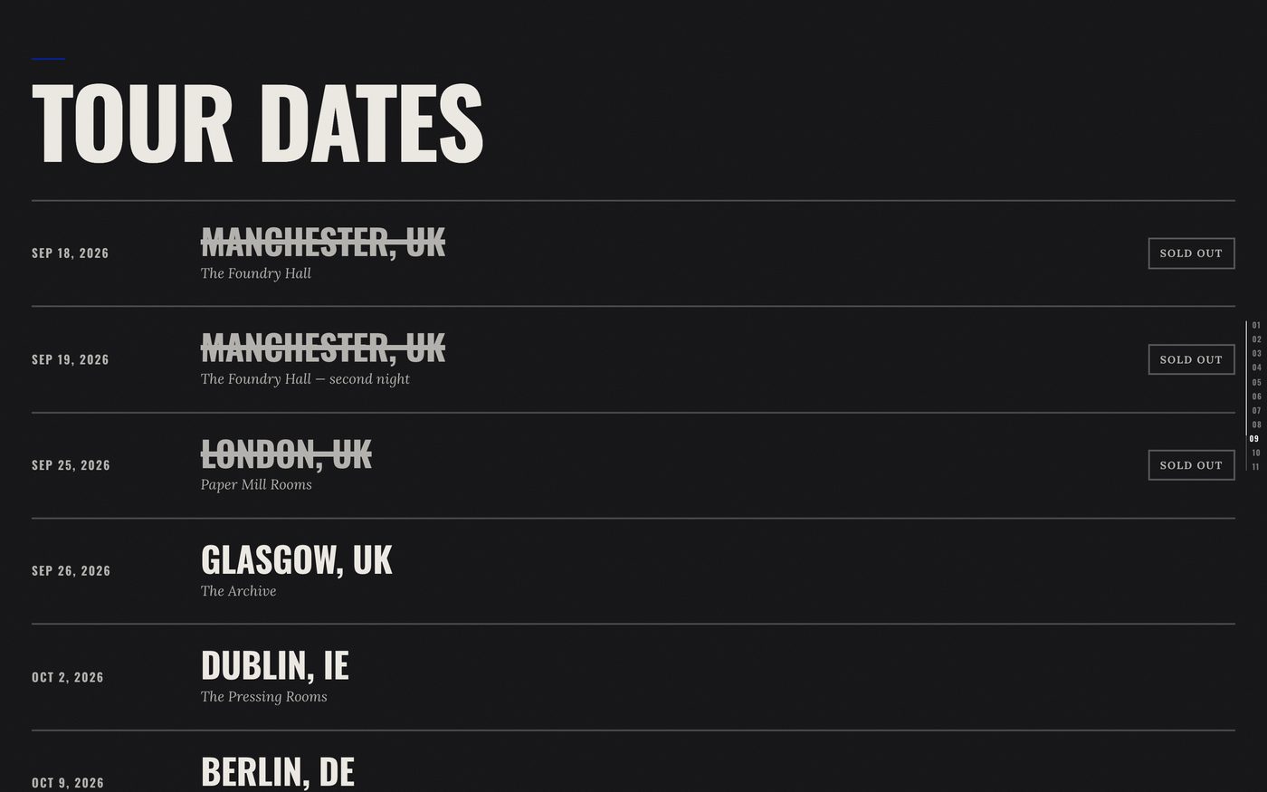 Tour dates: ruled rows, ticket links